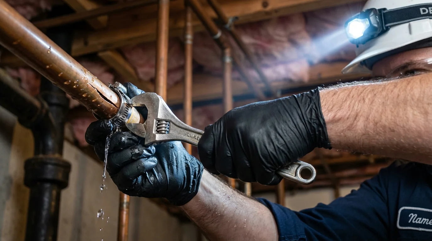 Emergency pipe clamp repair being performed by a Johns Plumbing LLC plumber in Waynesboro
