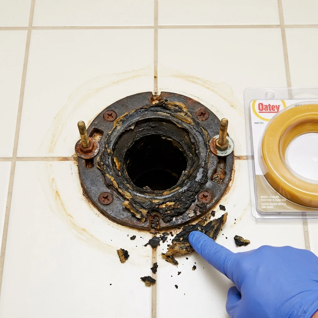 Failed wax ring showing water seepage at the base of a toilet in a Waynesboro, MS home
