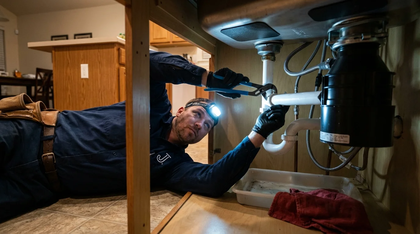 P-trap and supply line connections under a kitchen sink showing a common leak point in Waynesboro, MS